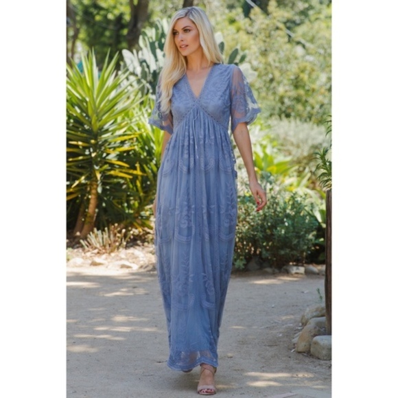 blue lace mesh overlay maxi dress